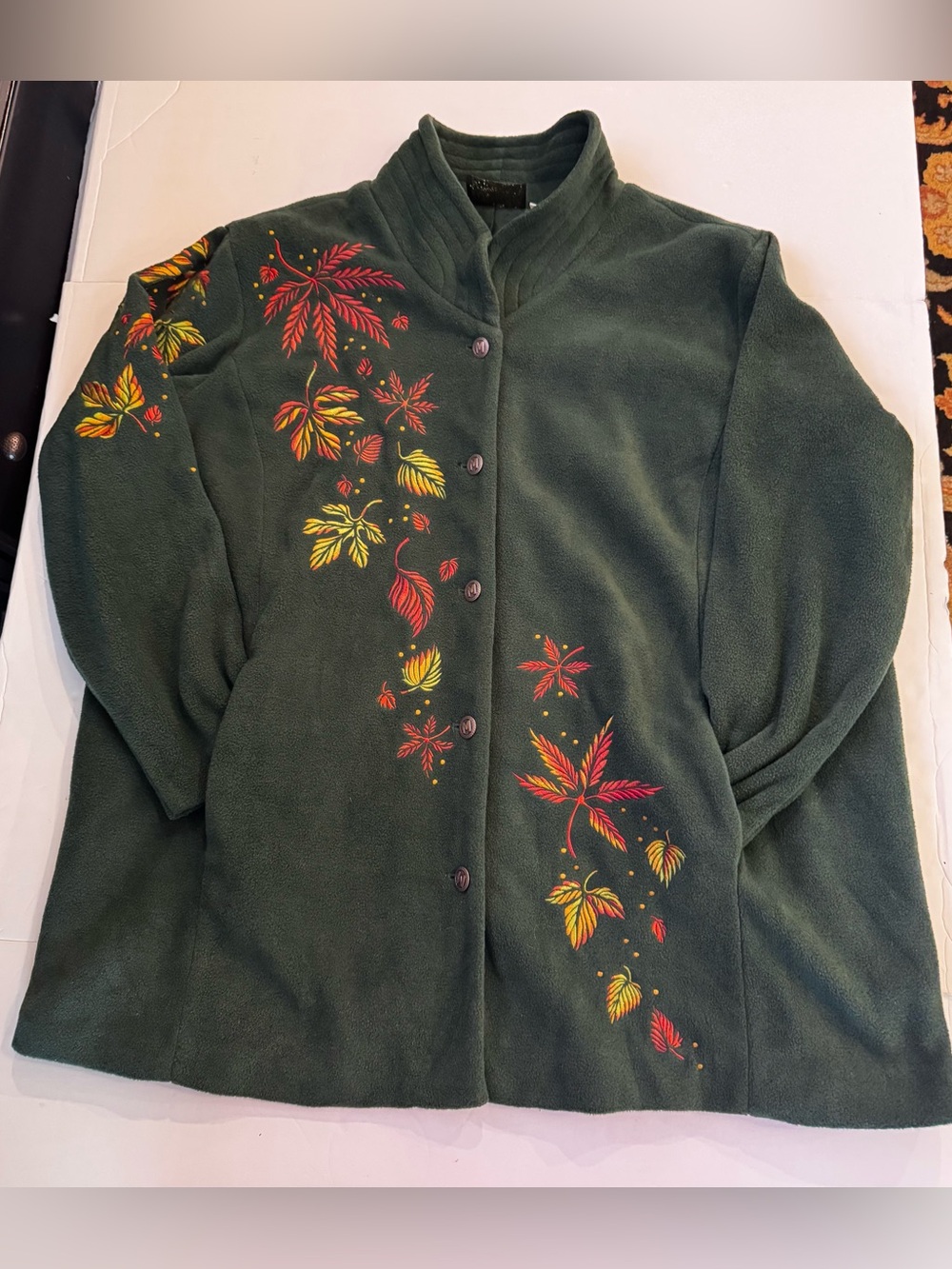 Bob Mackie Dark Green Fall Leaves Embroidered Fleece Button-Up Sweater Jacket 2X - Picture 10 of 14